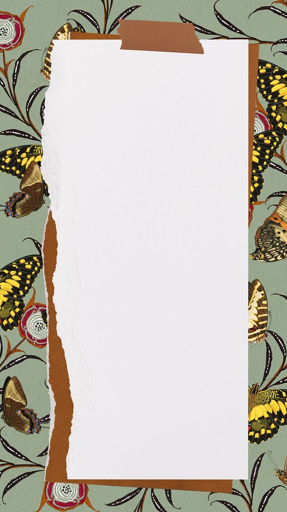 Ripped note paper mobile wallpaper, E.A. S&eacute;guy's butterfly pattern background, remixed by rawpixel.