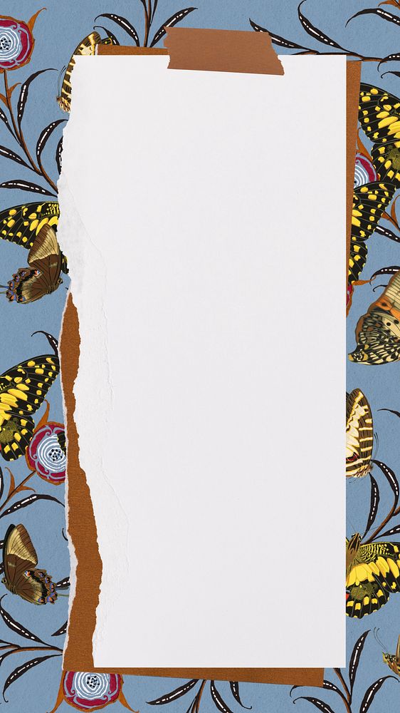 Ripped note paper mobile wallpaper, E.A. S&eacute;guy's butterfly pattern background, remixed by rawpixel.