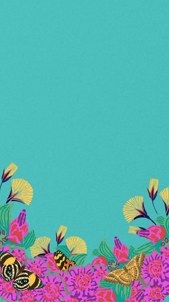 Butterfly flower mobile wallpaper, teal colorful background, remixed from the artwork of E.A. Séguy.