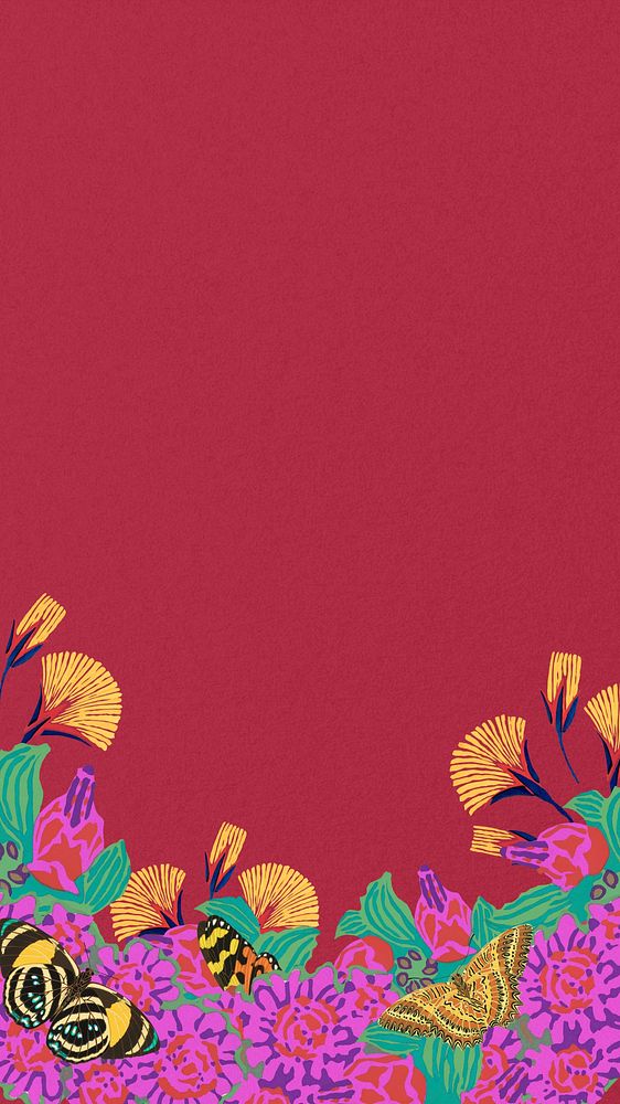 Butterfly flower mobile wallpaper, red colorful background, remixed from the artwork of E.A. S&eacute;guy.