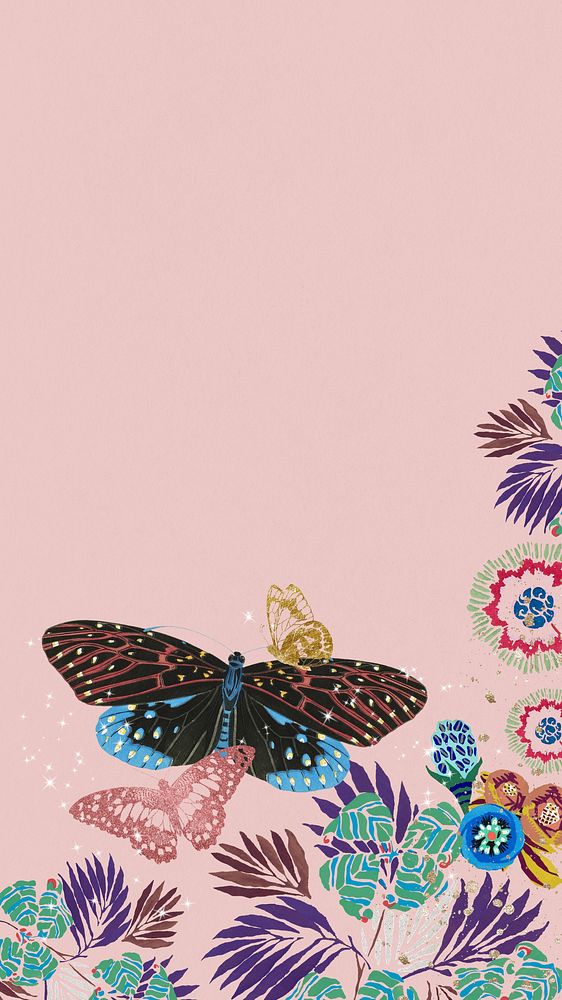 Pink aesthetic butterfly phone wallpaper, vintage insect border, remixed from the artwork of E.A. Séguy.