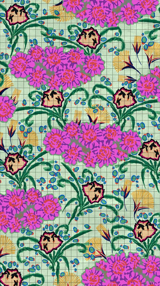 Pink flower patterned mobile wallpaper, vintage art deco background, remixed from the artwork of E.A. S&eacute;guy.