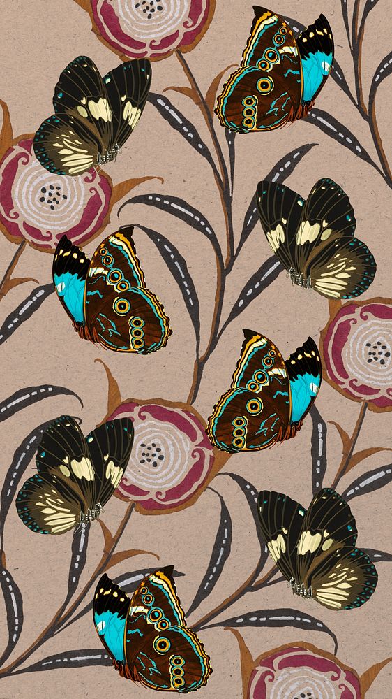 Vintage butterfly patterned phone wallpaper, E.A. S&eacute;guy's famous artwork, remixed by rawpixel.