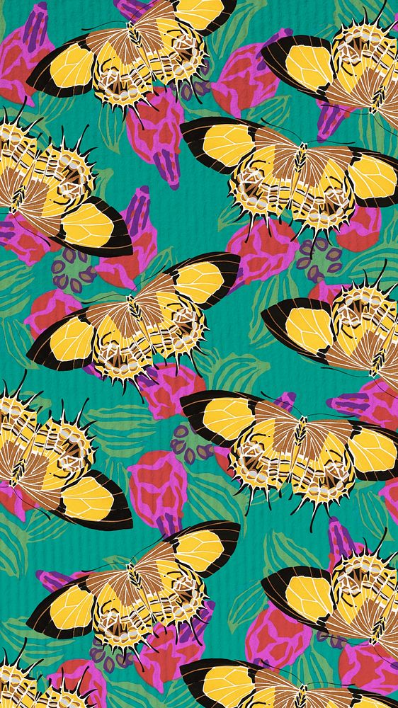 Vintage butterfly patterned phone wallpaper, E.A. S&eacute;guy's famous artwork, remixed by rawpixel.