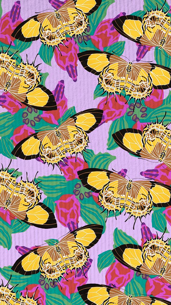 Vintage butterfly patterned phone wallpaper, E.A. S&eacute;guy's famous artwork, remixed by rawpixel.