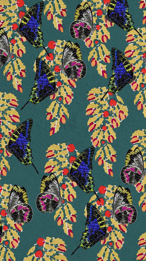 Vintage botanical butterfly iPhone wallpaper, green patterned background, remixed from the artwork of E.A. S&eacute;guy.