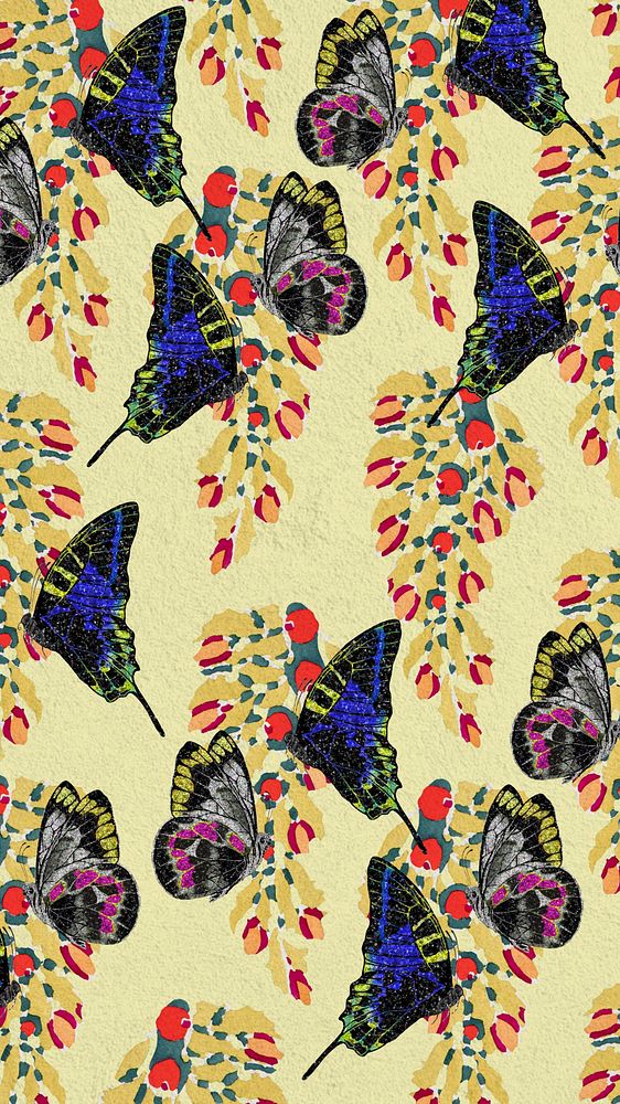 Vintage botanical butterfly iPhone wallpaper, yellow patterned background, remixed from the artwork of E.A. S&eacute;guy.