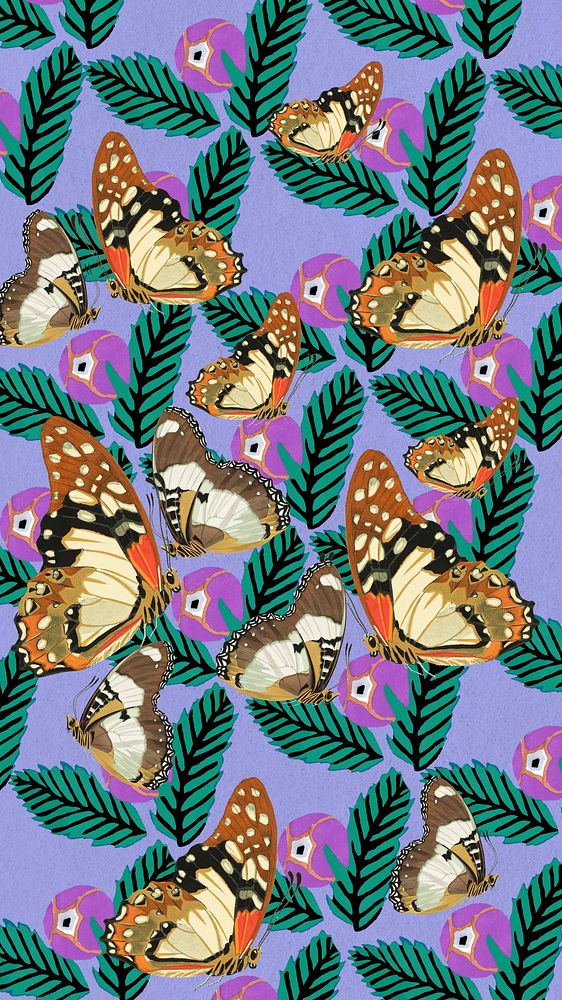 Exotic butterfly patterned phone wallpaper, E.A. S&eacute;guy's vintage background, remixed by rawpixel.