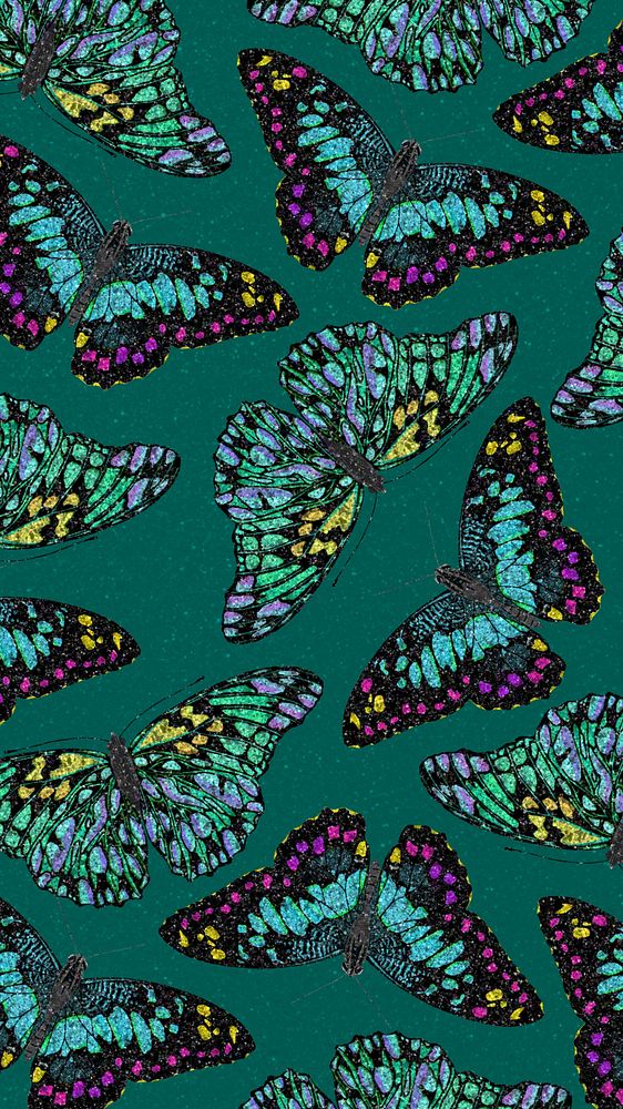 Green butterfly patterned phone wallpaper, vintage insect background, remixed from the artwork of E.A. S&eacute;guy.