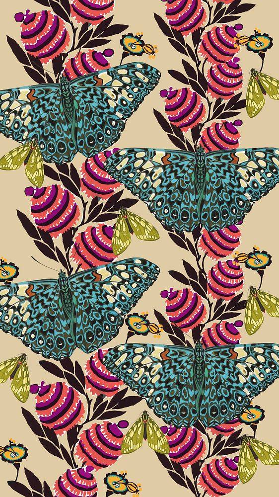 Exotic botanical butterfly phone wallpaper, vintage patterned background, remixed from the artwork of E.A. S&eacute;guy.