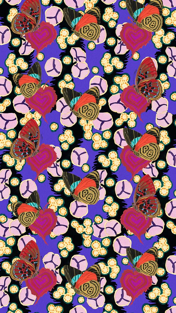 Exotic botanical butterfly iPhone wallpaper, vintage patterned background, remixed from the artwork of E.A. S&eacute;guy.