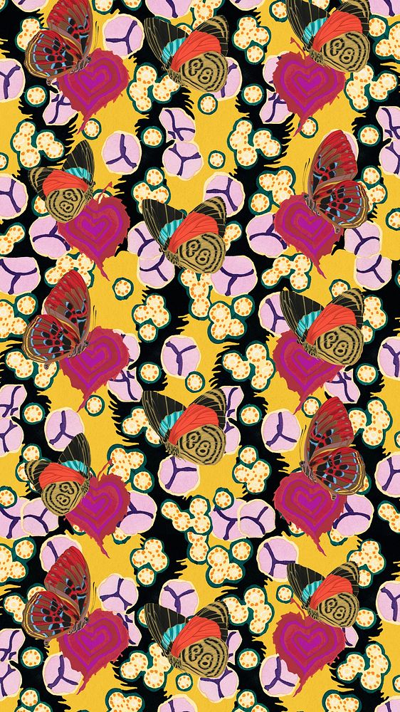 Exotic botanical butterfly iPhone wallpaper, vintage patterned background, remixed from the artwork of E.A. S&eacute;guy.