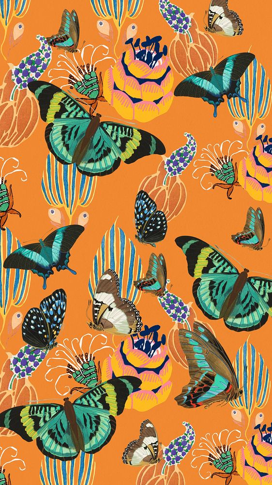 Exotic botanical butterfly mobile wallpaper, orange patterned background, remixed from the artwork of E.A. S&eacute;guy.