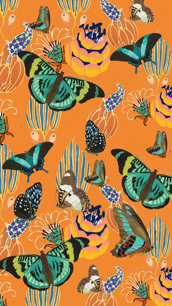 Exotic botanical butterfly mobile wallpaper, orange patterned background, remixed from the artwork of E.A. Séguy.