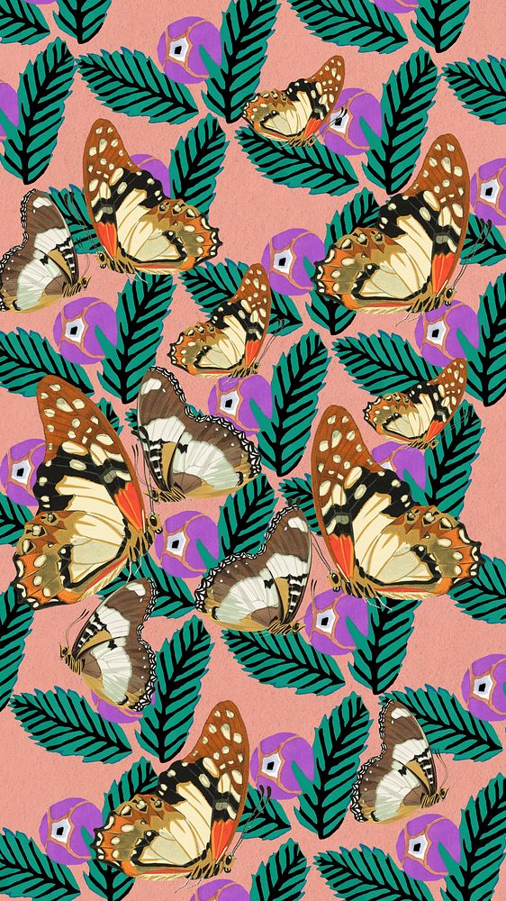 Exotic butterfly patterned phone wallpaper, E.A. S&eacute;guy's vintage background, remixed by rawpixel.