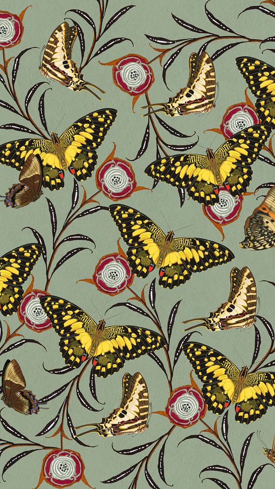 Vintage butterfly patterned phone wallpaper, E.A. S&eacute;guy's famous artwork, remixed by rawpixel.