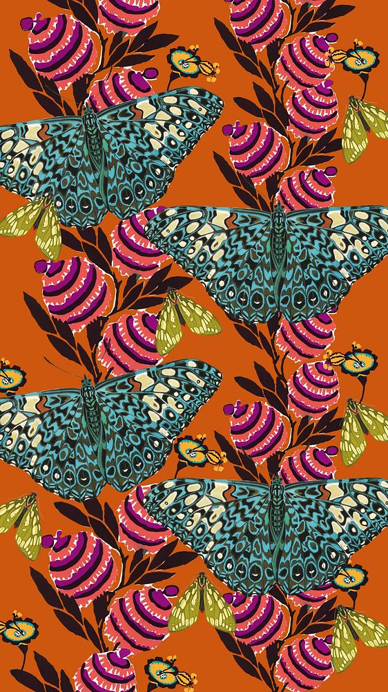 Exotic botanical butterfly phone wallpaper, vintage patterned background, remixed from the artwork of E.A. Séguy.