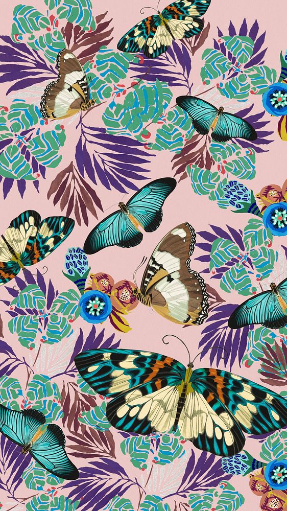 Exotic botanical butterfly mobile wallpaper, vintage patterned background, remixed from the artwork of E.A. S&eacute;guy.