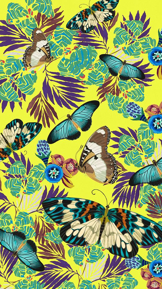 Exotic botanical butterfly mobile wallpaper, vintage patterned background, remixed from the artwork of E.A. S&eacute;guy.