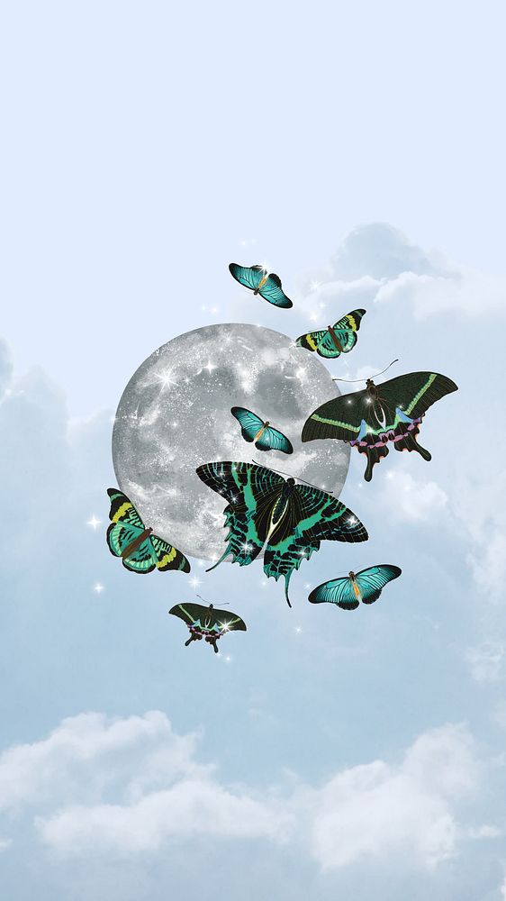 Aesthetic full moon mobile wallpaper, butterflies sky background, remixed from the artwork of E.A. S&eacute;guy.