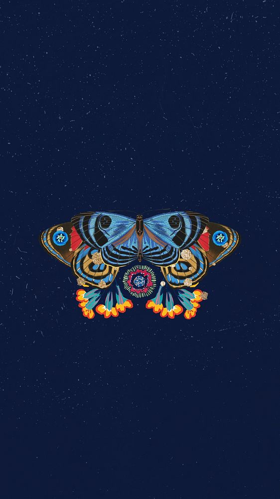 Vintage butterfly iPhone wallpaper, dark blue background, remixed from the artwork of E.A. S&eacute;guy.
