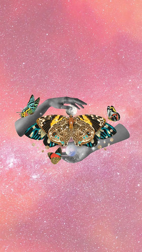 Surreal butterfly iPhone wallpaper, pink galaxy background, remixed from the artwork of E.A. S&eacute;guy.