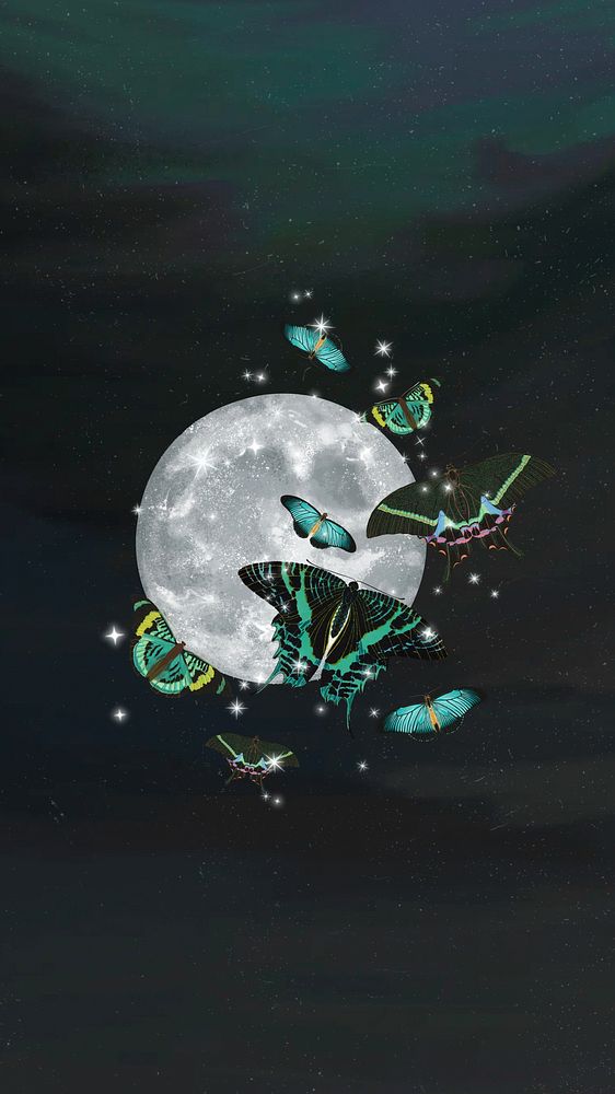 Aesthetic full moon mobile wallpaper, butterflies sky background, remixed from the artwork of E.A. S&eacute;guy.