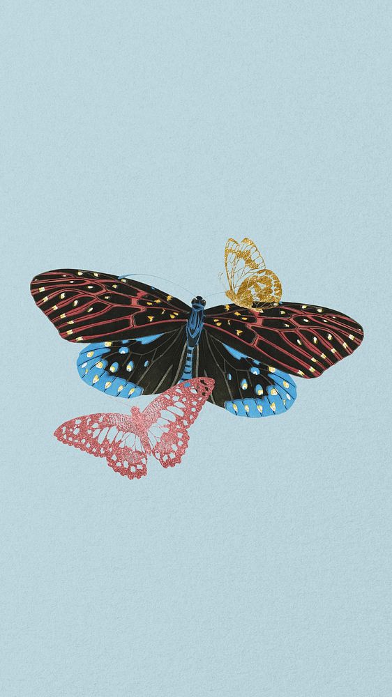 Blue vintage butterflies phone wallpaper, textured background, remixed from the artwork of E.A. S&eacute;guy.