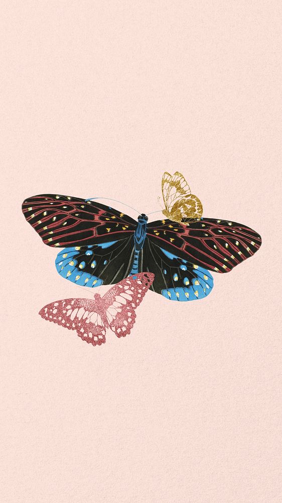 Pink vintage butterflies phone wallpaper, textured background, remixed from the artwork of E.A. S&eacute;guy.