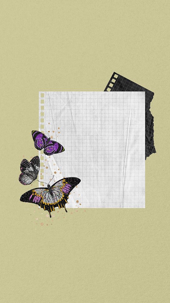 Aesthetic note paper mobile wallpaper, E.A. S&eacute;guy's butterfly background, remixed by rawpixel.