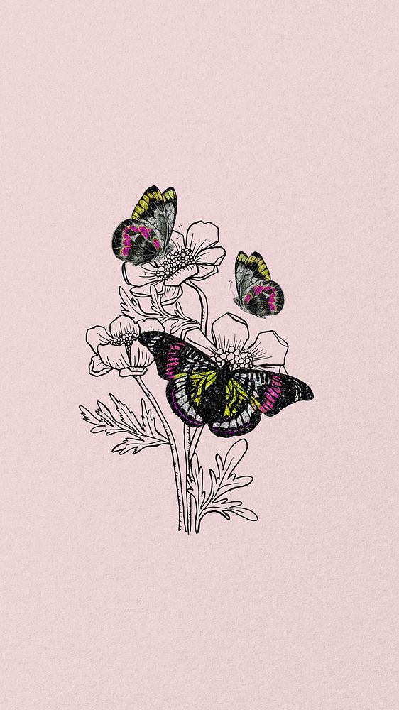 Vintage floral butterfly phone wallpaper, pink textured background, remixed from the artwork of E.A. S&eacute;guy.