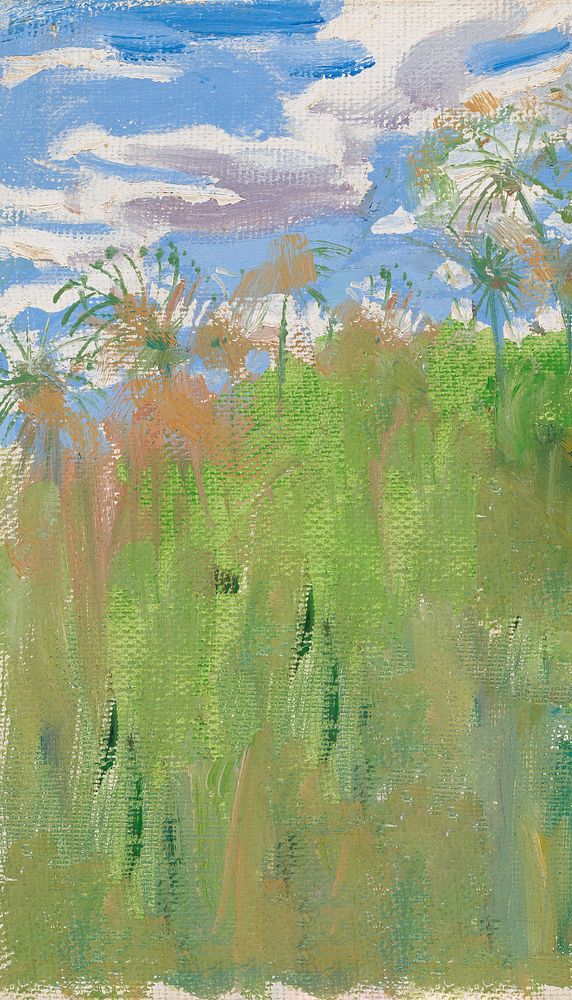 Vintage grass field iPhone wallpaper, blue sky painting by Akseli Gallen-Kallela. Remixed by rawpixel.