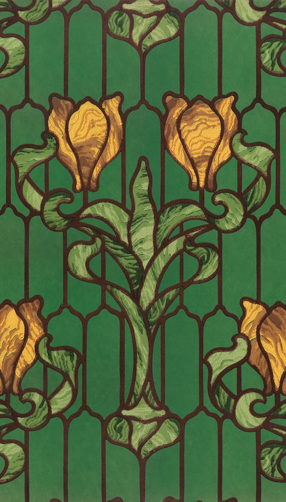 Floral stained glass iPhone wallpaper, yellow tulip with green foliage. Remixed by rawpixel.