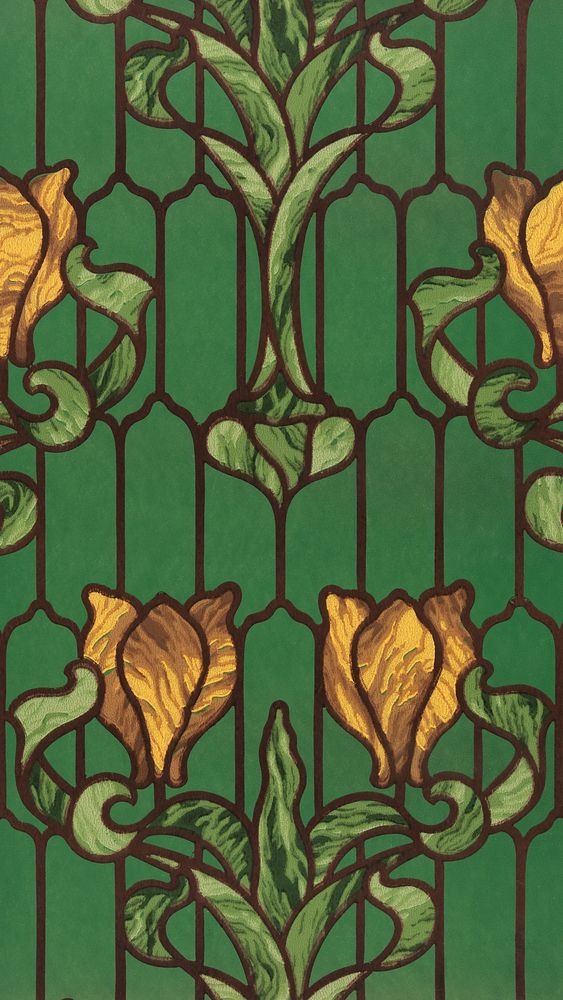 Floral stained glass iPhone wallpaper, yellow tulip with green foliage. Remixed by rawpixel.