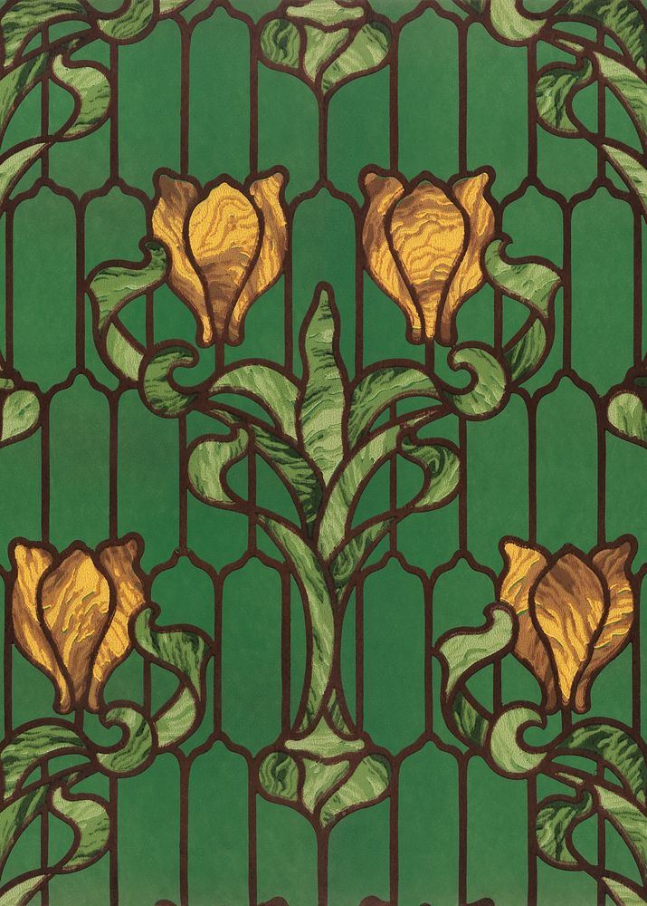 Floral stained glass background, yellow tulip with green foliage. Remixed by rawpixel.