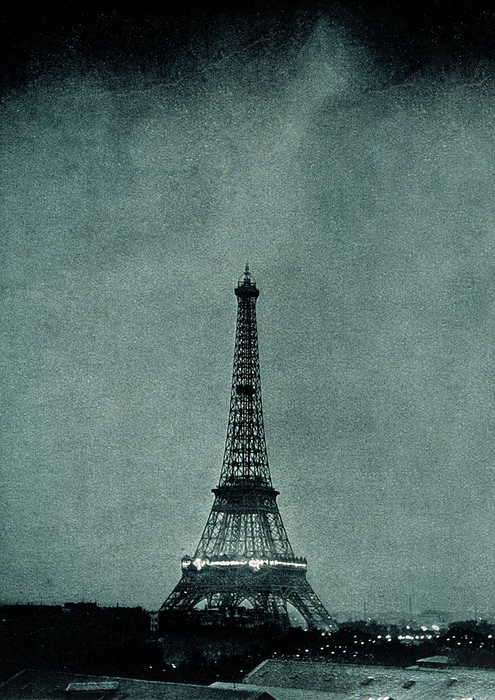 Lightning striking Eiffel Tower background, vintage photograph. Remixed by rawpixel.