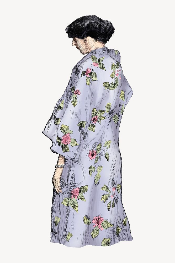 Japanese woman in Kimono, vintage illustration by Frederick Childe Hassam. Remixed by rawpixel.