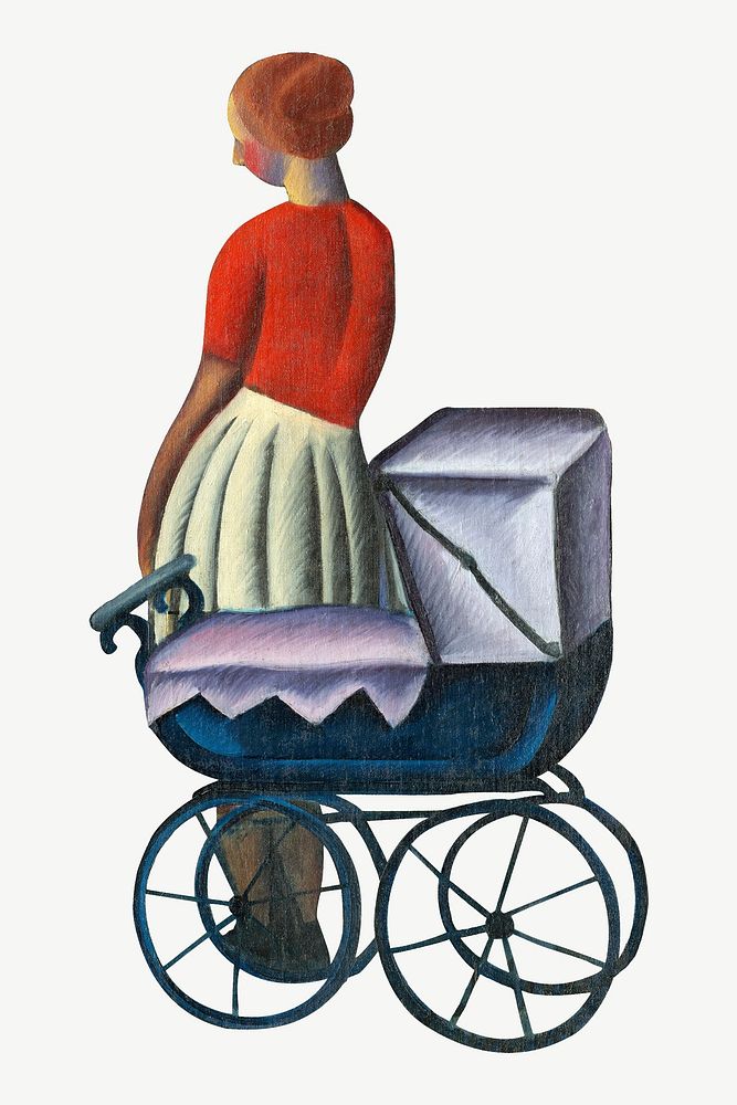 Woman with baby stroller, vintage illustration psd by Gejza Schiller. Remixed by rawpixel.