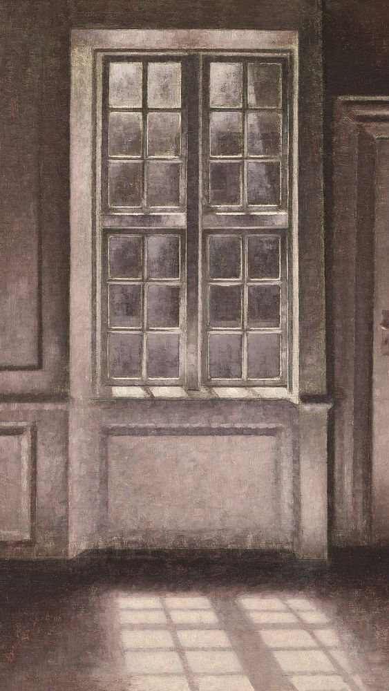 Moonlight, Strandgade 30 mobile wallpaper, vintage window painting by Vilhelm Hammersh&oslash;i. Remixed by rawpixel.
