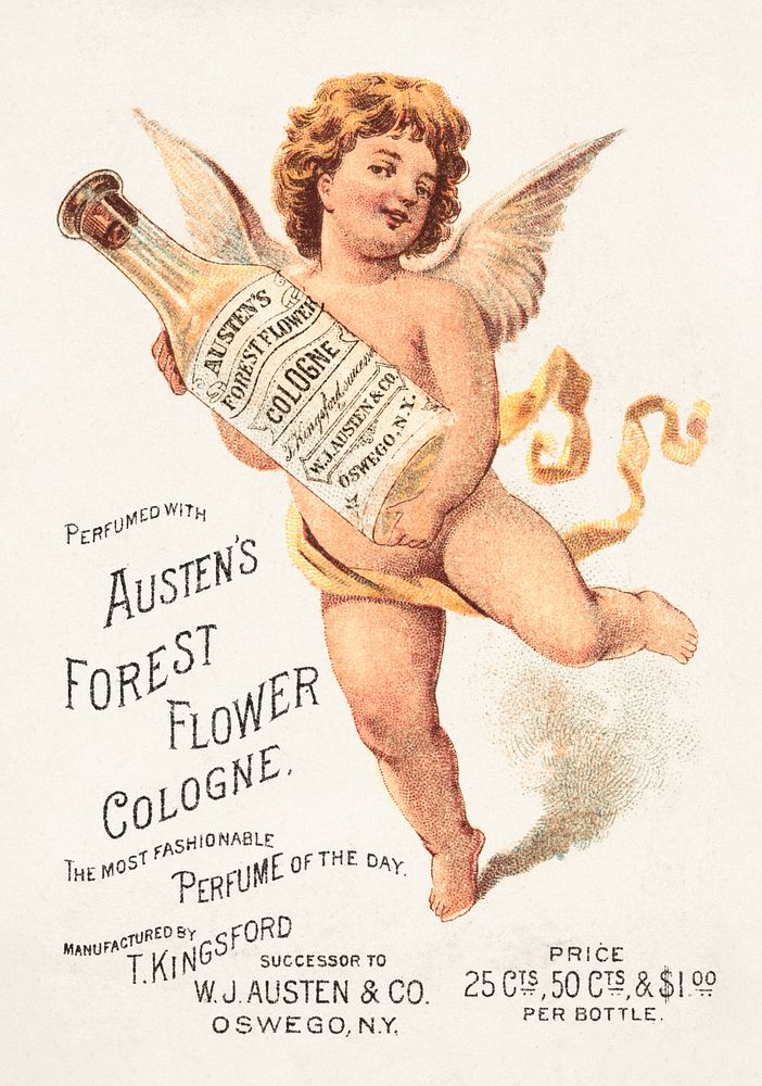 Perfumed with Austen's Forest Flower Cologne. The most fashionable perfume of the day. (1887), vintage chromolithograph.…