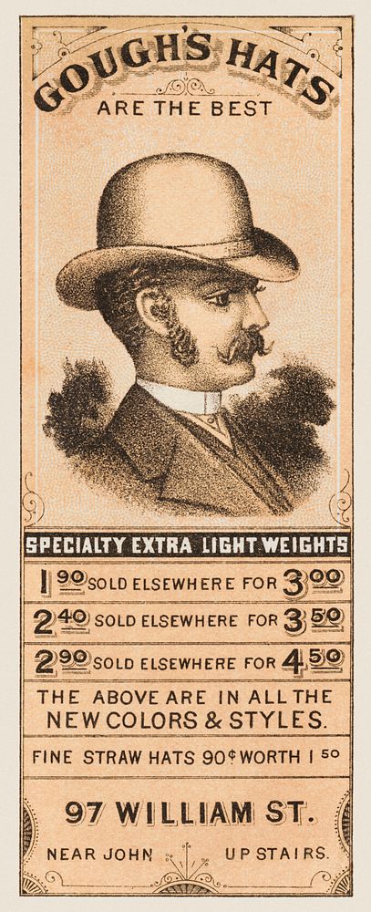 Gough's hats are the best. Specialty extra light weights (1870&ndash;1900), vintage postcard. Original public domain image…