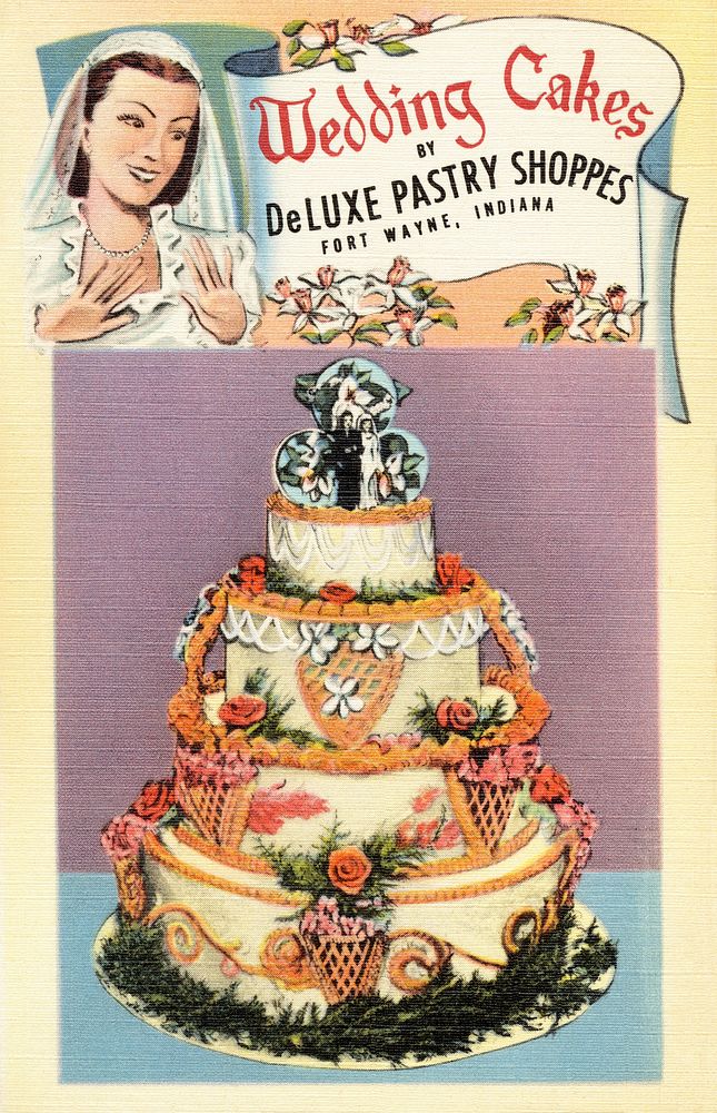 Wedding cakes by DeLuxe Pastry Shoppes, Fort Wayne, Indiana (1930&ndash;1945), vintage postcard. Original public domain…