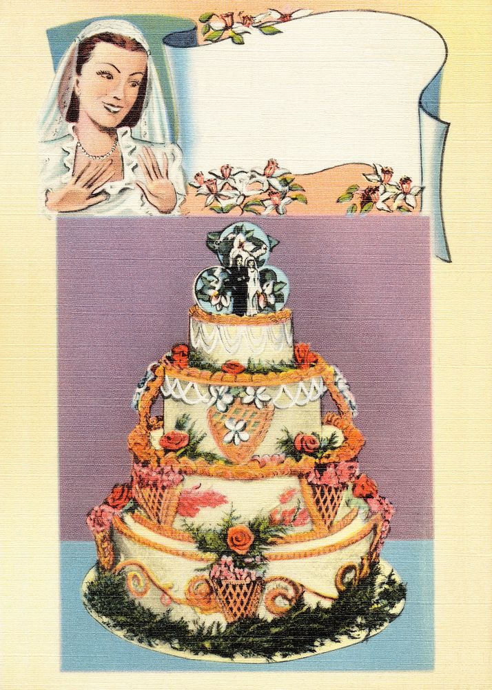 Wedding cakes by DeLuxe Pastry Shoppes, Fort Wayne, Indiana (1930&ndash;1945), vintage postcard. Original public domain…