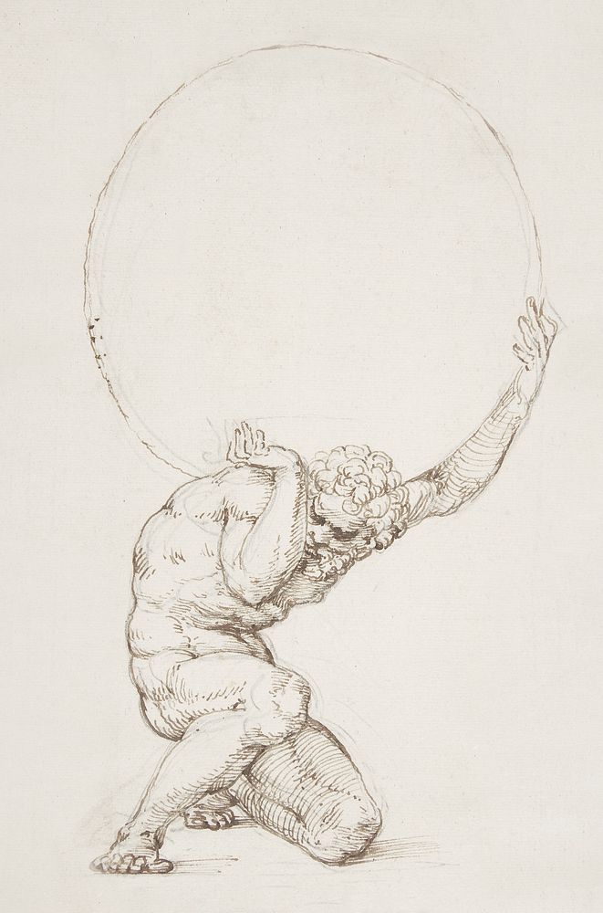 Crouching Figure of Atlas (1481&ndash;1536), vintage illustration by Baldassare Tommaso Peruzzi. Original public domain…