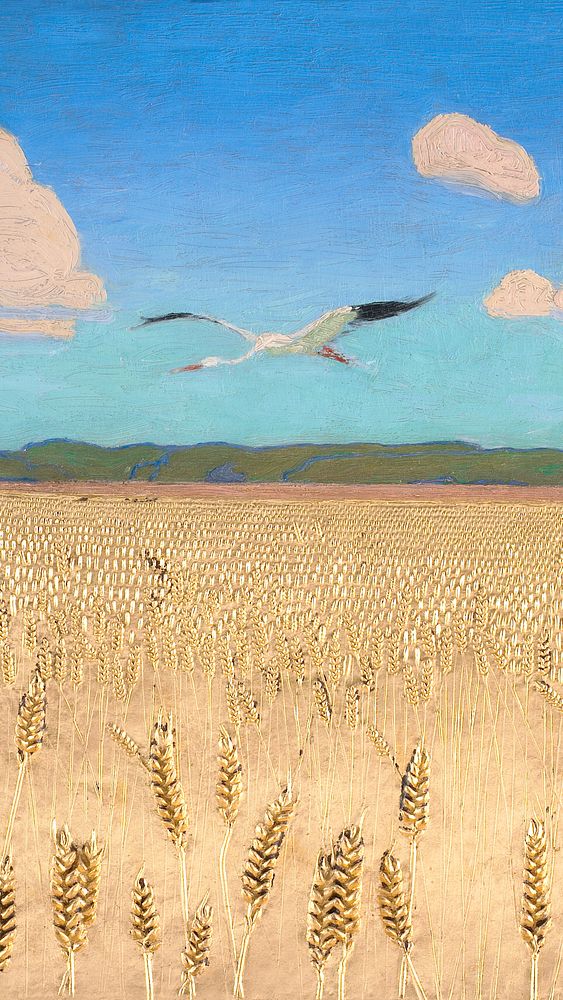 Wheat field landscape mobile wallpaper by Harald Slott-Moller. Remixed by rawpixel.