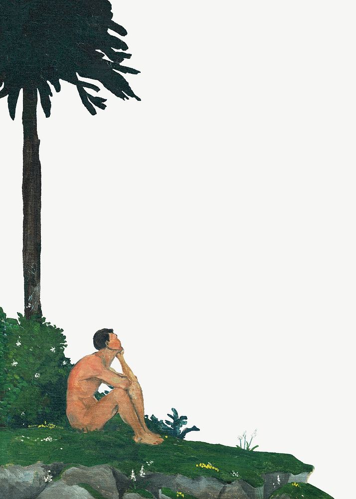 Vintage man sitting under palm tree illustration psd. Remixed by rawpixel. 