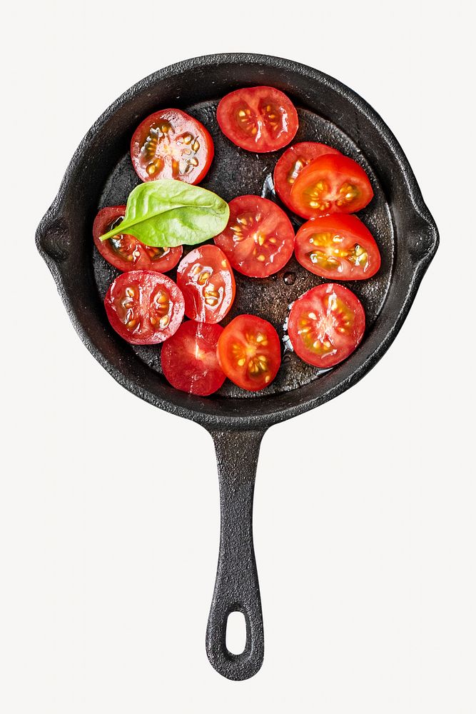 Sliced tomatoes in skillet, isolated design