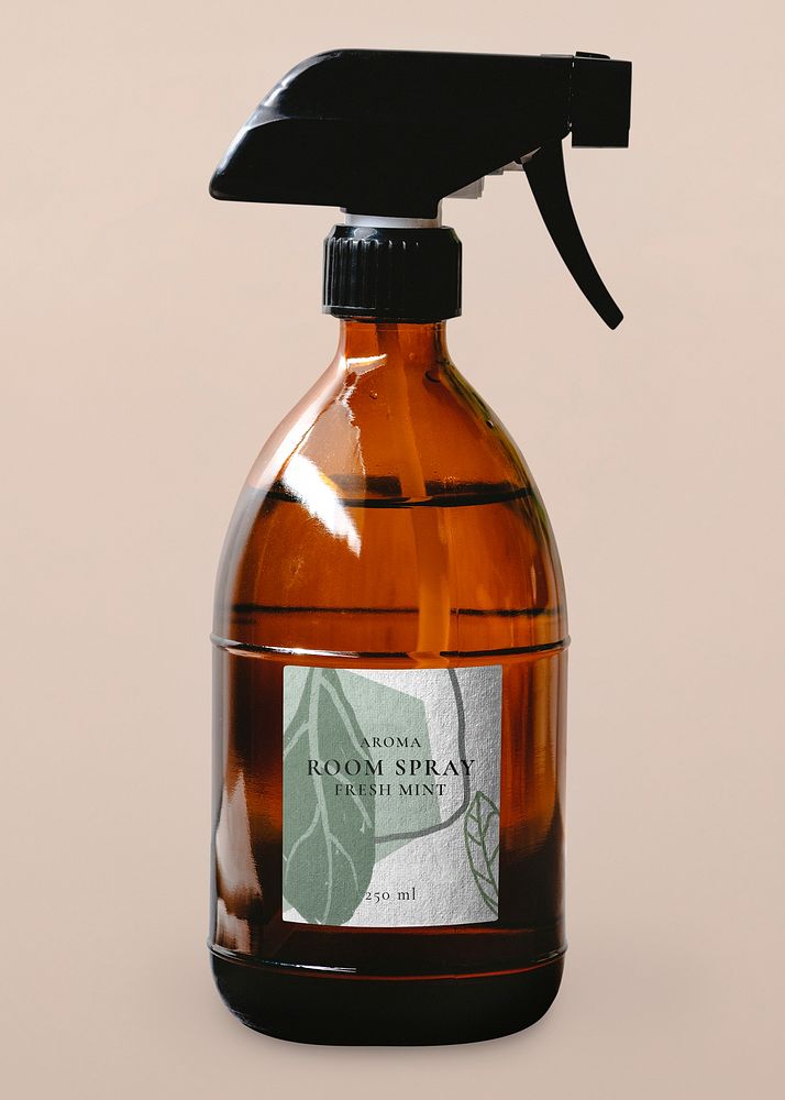 Label mockup psd, brown spray bottle, home spa, isolated object