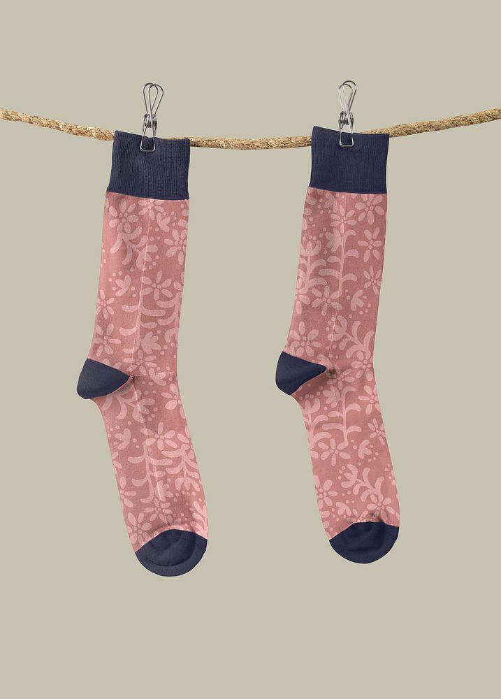 Pink socks mockup, floral patterned, realistic design psd