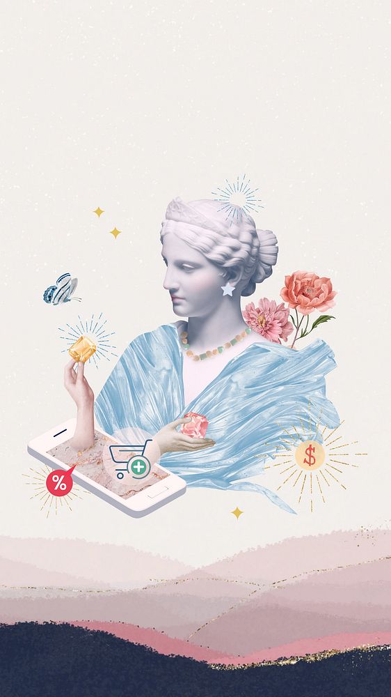 Online shopping aesthetic phone wallpaper, Greek Goddess remix